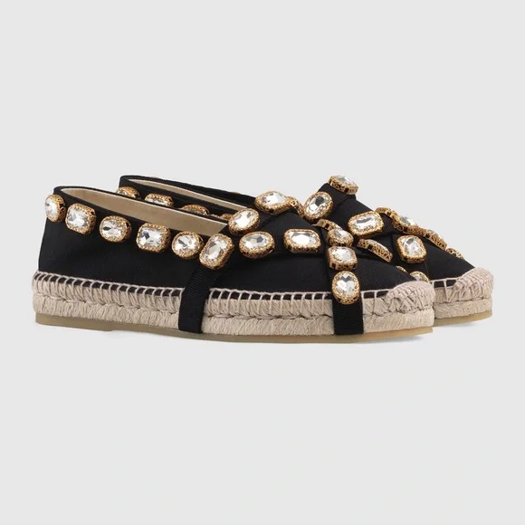 Authentic Gucci Black and Gold Canvas Espadrilles with Crystal Embellishments